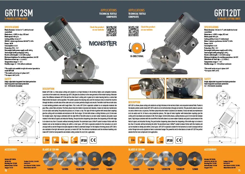 GRT12SM ve GRT12DT 3-fazlı kesim üniteleri, güçlü motorları ve yüksek kesme kapasitesiyle kompozit ve teknik kumaşları mükemmel bir şekilde keser. GRT12DT çift yönlü kesim özellikleriyle zamandan tasarruf sağlar.